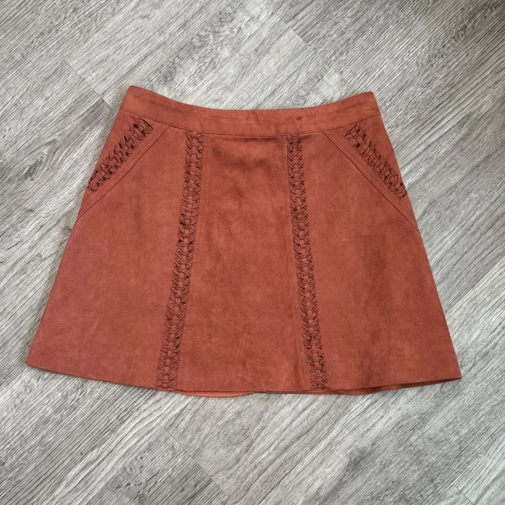 Gianni Bini Womens Rust Faux Suede Braided Detail Mini Skirt Brown Size S‎